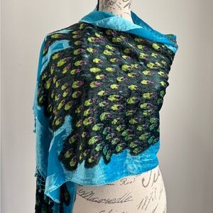 Vibrant Blue and Green Peacock Patterned Scarf Wrap